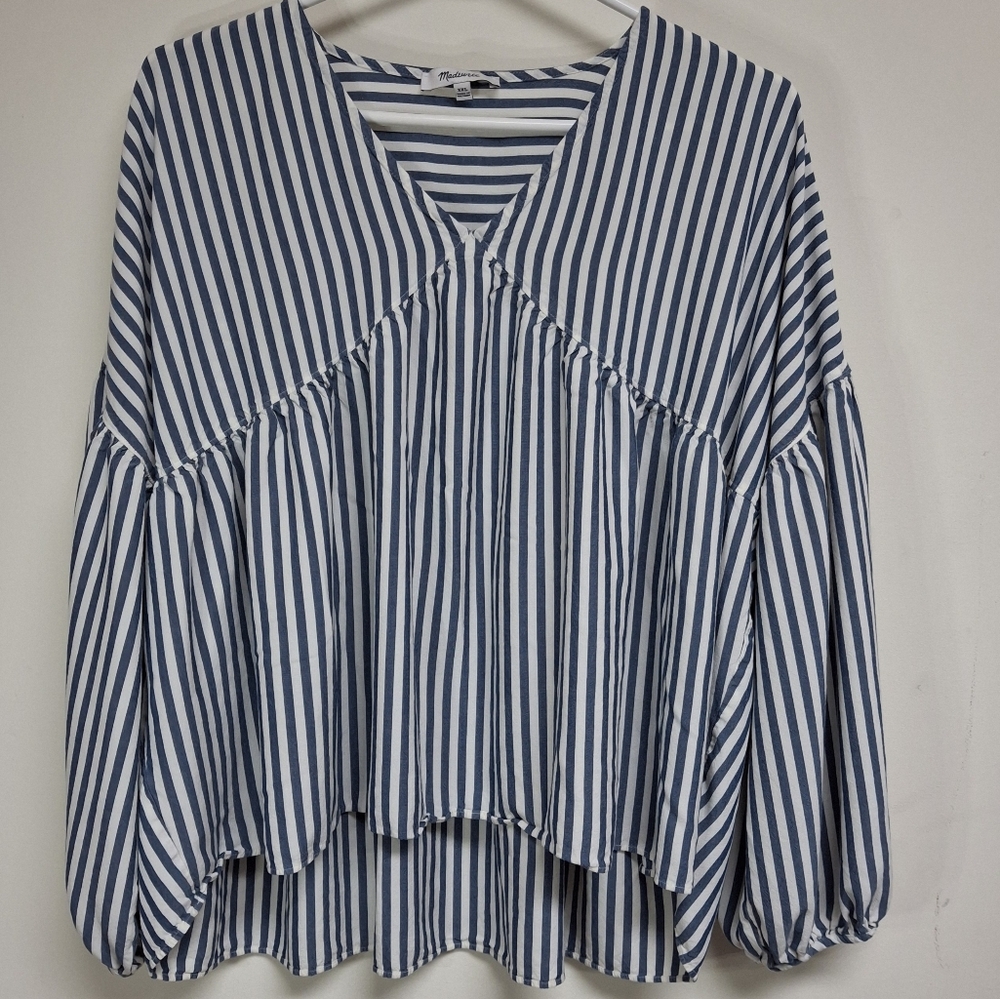 Madewell Blue and White Striped V-Neck Balloon Sleeve Blouse